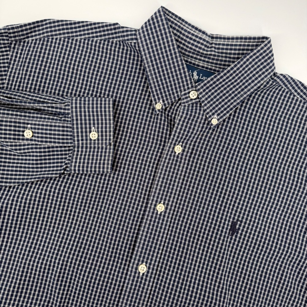 Ralph Lauren Blake Men's Button Down Shirt Navy Gingham Checkered Cotton Large‎